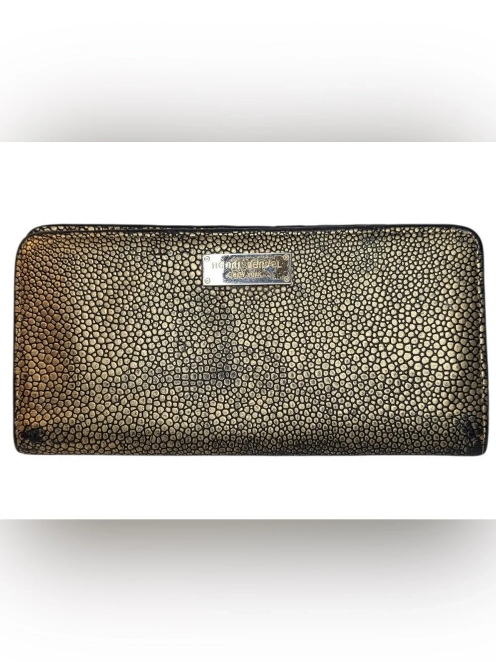 Henri Bendel PROJECT REPAIR PIECE Metallic Gold Embossed Pebbled Leather Wallet